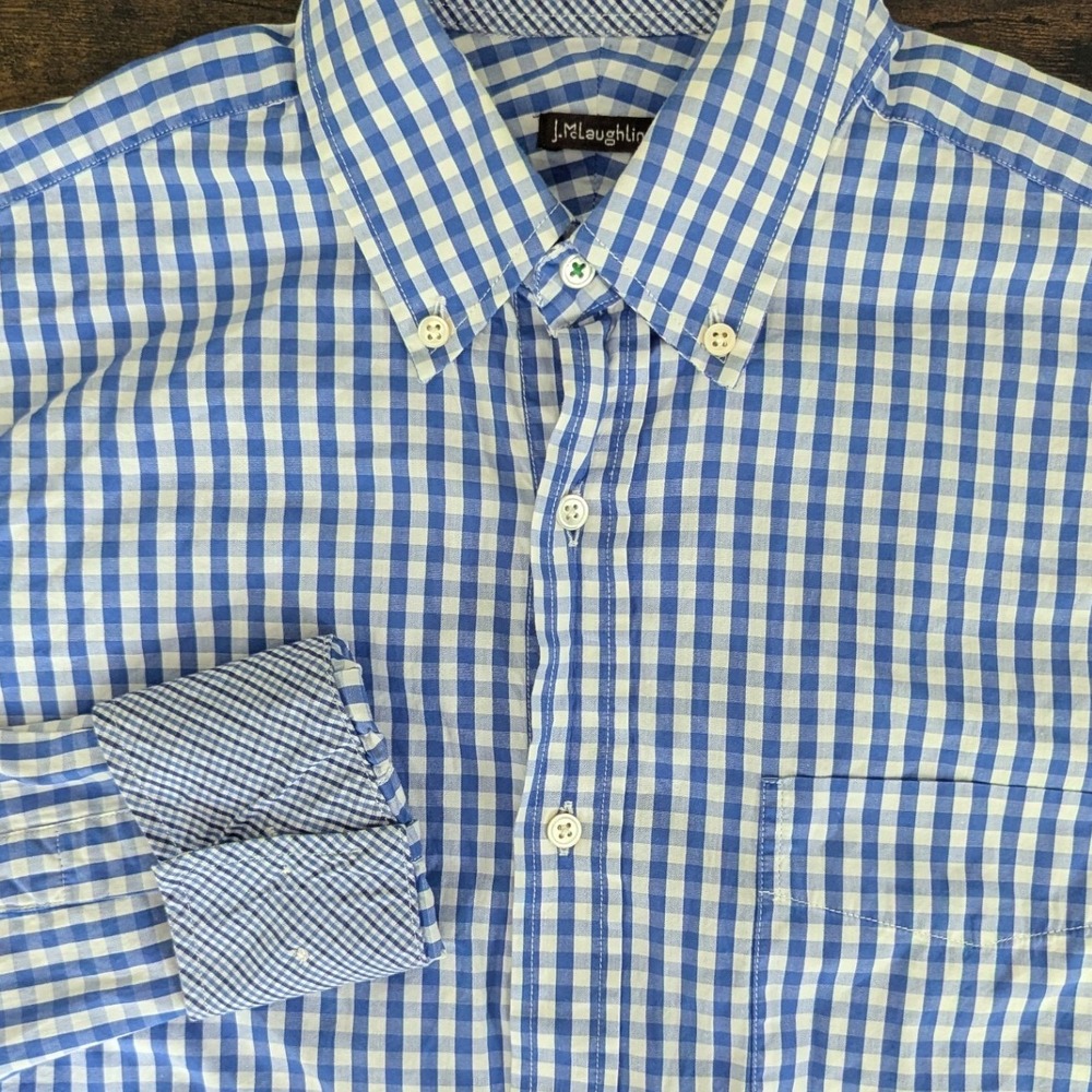 J.McLaughlin Button Down Shirt Blue Gingham Plaid Long Sleeve Contrast Cuff Sm
